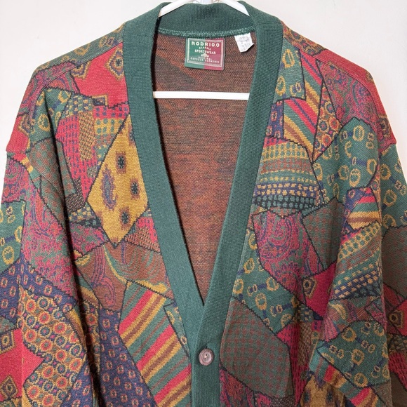 Patchwork pattern knit oversized cardigan wool blend pockets multicolor vintage - Picture 2 of 10